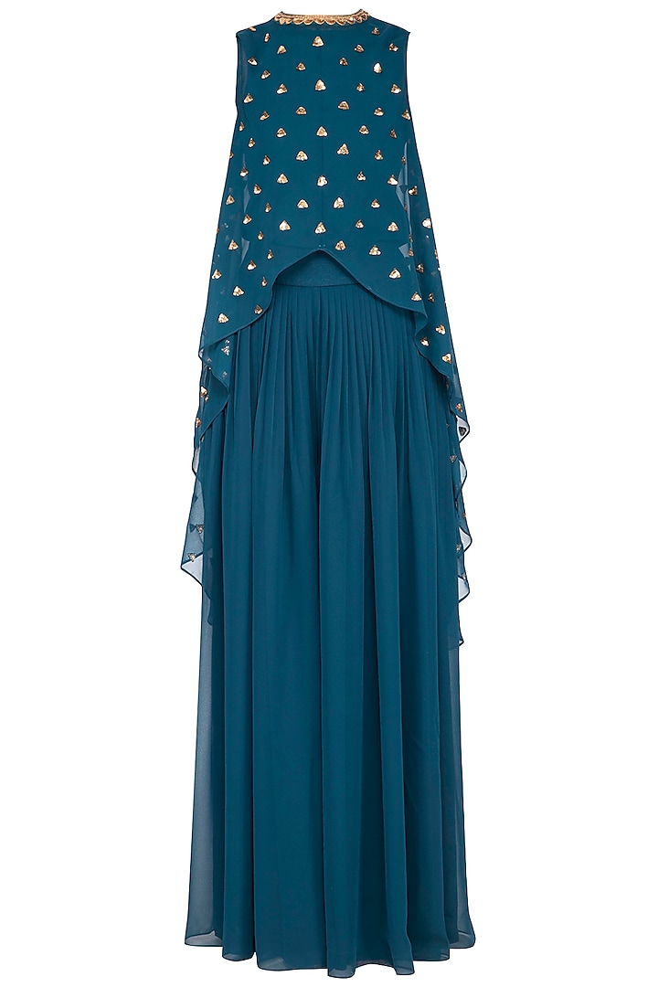 Teal embroidered cape with palazzo pants by Vvani by Vani Vats