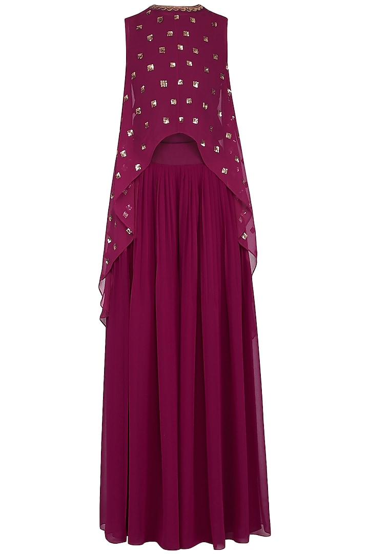 Wine embroidered cape with palazzo pants by Vvani by Vani Vats