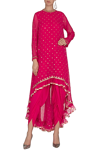 Peacock Pink Embroidered Dhoti Kurta Set With Inner by Vvani by Vani Vats