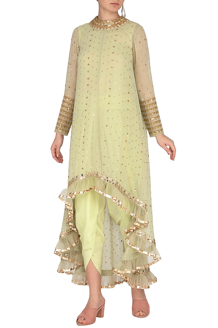 Sap Green Georgette Hand Embroidered Asymmetrical Kurta Set by Vvani by Vani Vats at Pernia's Pop Up Shop