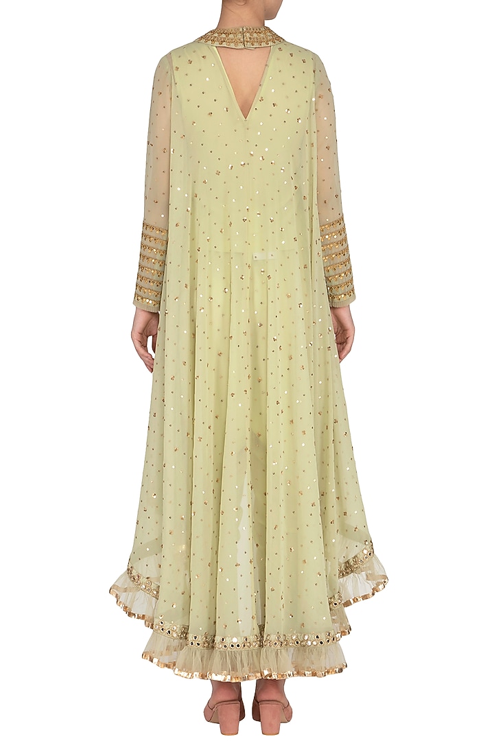 Sap Green Georgette Hand Embroidered Asymmetrical Kurta Set by Vvani by Vani Vats at Pernia's Pop Up Shop