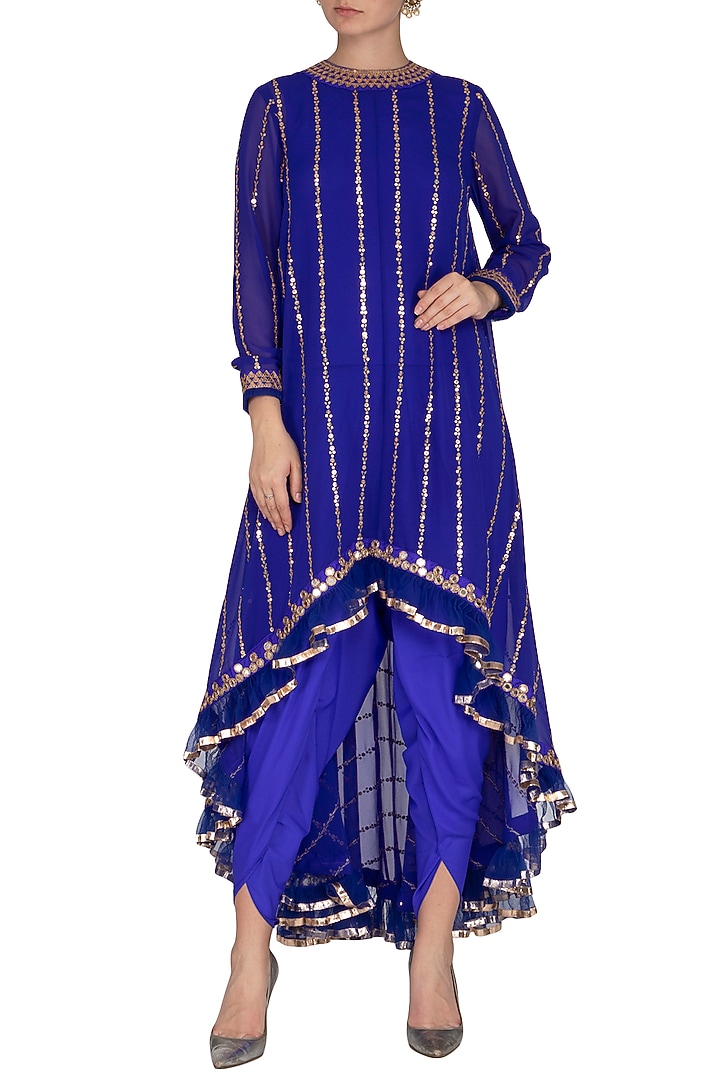 Royal Blue Embroidered Dhoti Kurta Set With Inner by Vvani by Vani Vats at Pernia's Pop Up Shop