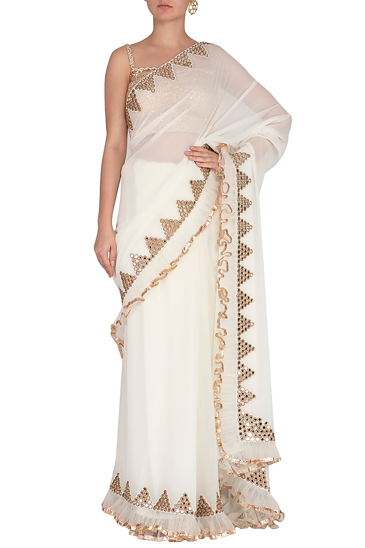 Off White Embroidered Frilled Wedding Saree Set by Vvani by Vani Vats at Pernia's Pop Up Shop
