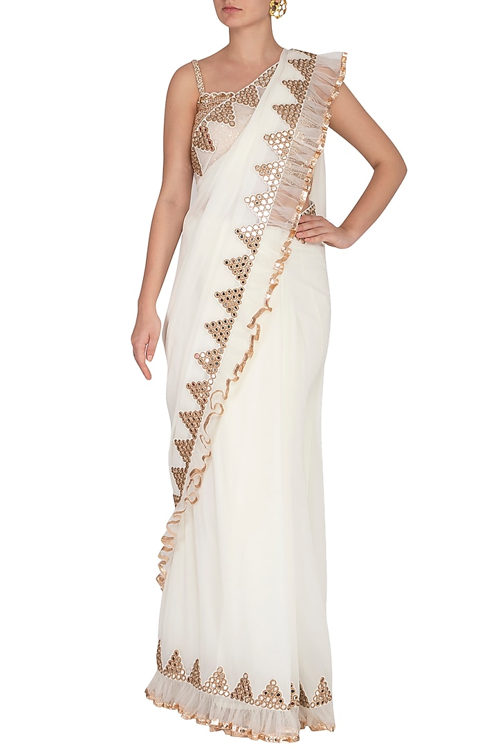 Off White Embroidered Frilled Wedding Saree Set by Vvani by Vani Vats at Pernia's Pop Up Shop