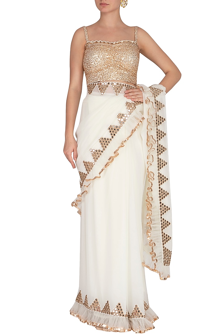Off White Embroidered Frilled Wedding Saree Set by Vvani by Vani Vats at Pernia's Pop Up Shop