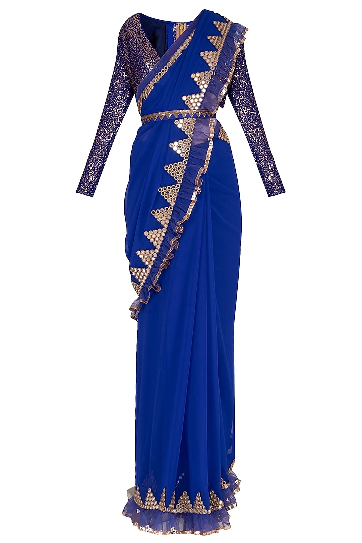 Royal Blue Georgette Embroidered Frill Saree Set by Vvani by Vani Vats