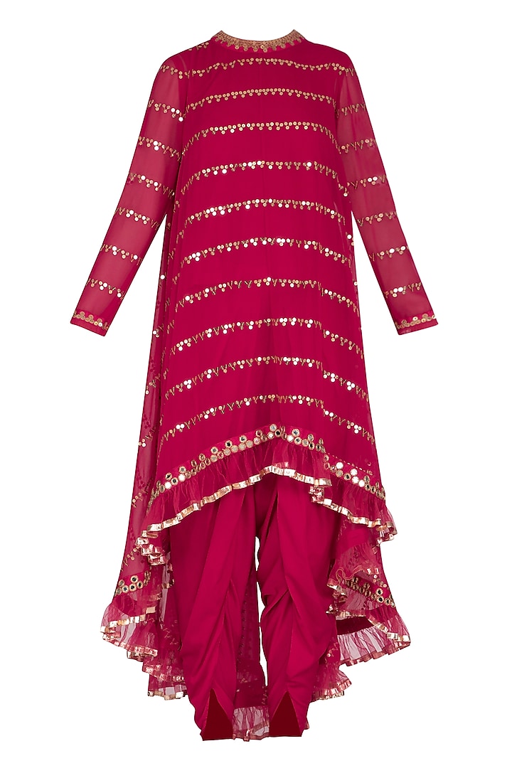 Crimson Red Embroidered Dhoti Kurta Set With Inner by Vvani by Vani Vats