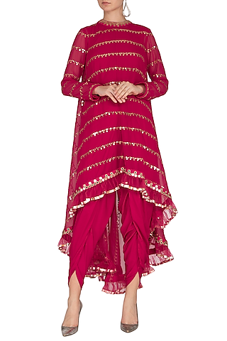 Crimson Red Embroidered Dhoti Kurta Set With Inner by Vvani by Vani Vats