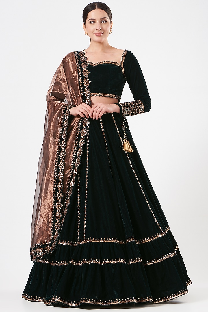 Deep Green Velvet Tiered Wedding Lehenga Set by Vvani By Vani Vats at Pernia's Pop Up Shop
