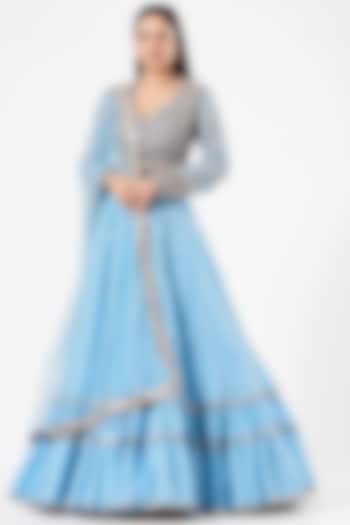 Ice Blue Georgette Tiered Wedding Lehenga Set by Vvani By Vani Vats at Pernia's Pop Up Shop