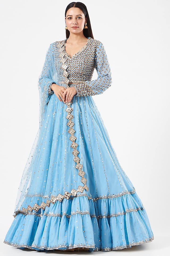 Ice Blue Georgette Tiered Wedding Lehenga Set by Vvani By Vani Vats at Pernia's Pop Up Shop