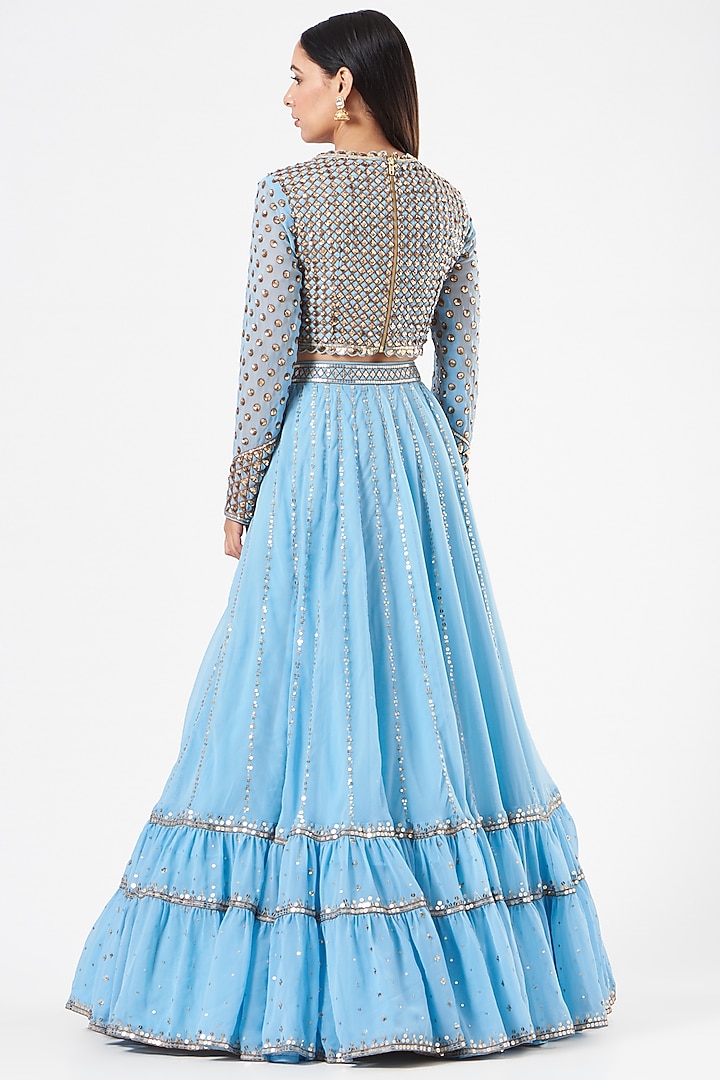 Ice Blue Georgette Tiered Wedding Lehenga Set by Vvani By Vani Vats at Pernia's Pop Up Shop