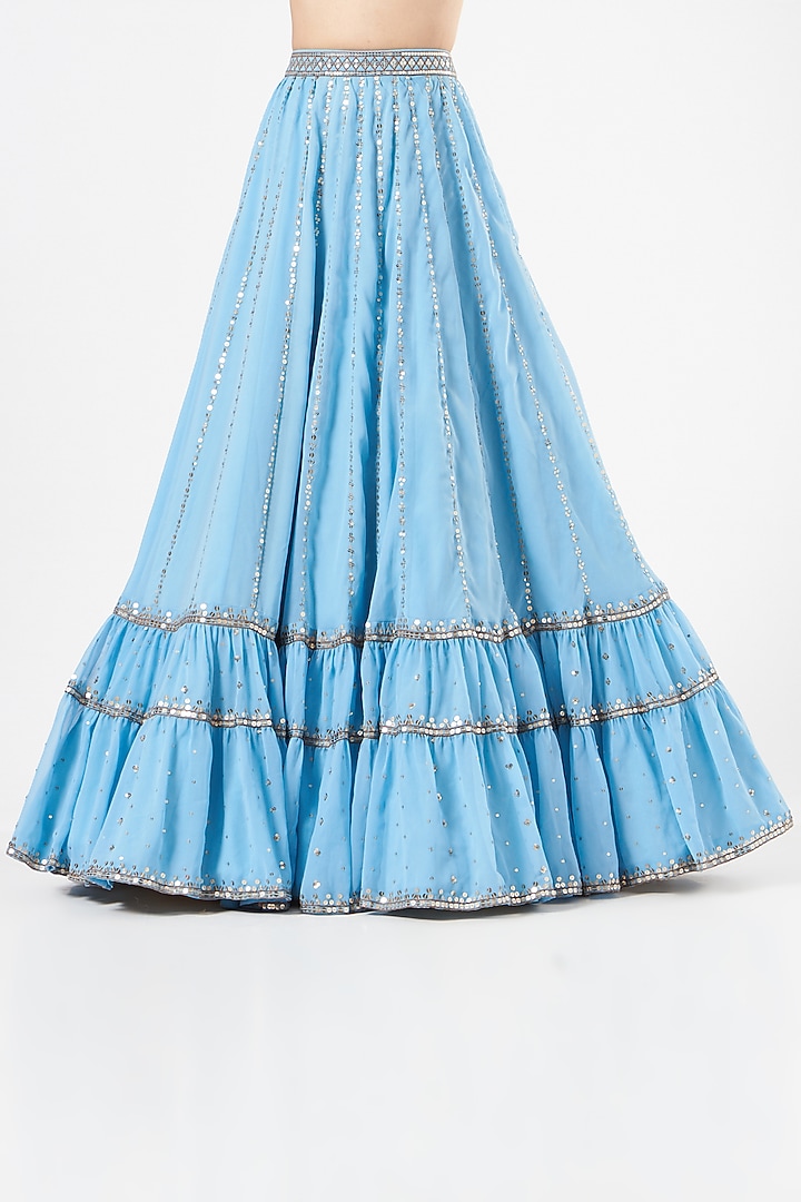 Ice Blue Georgette Tiered Wedding Lehenga Set by Vvani By Vani Vats at Pernia's Pop Up Shop