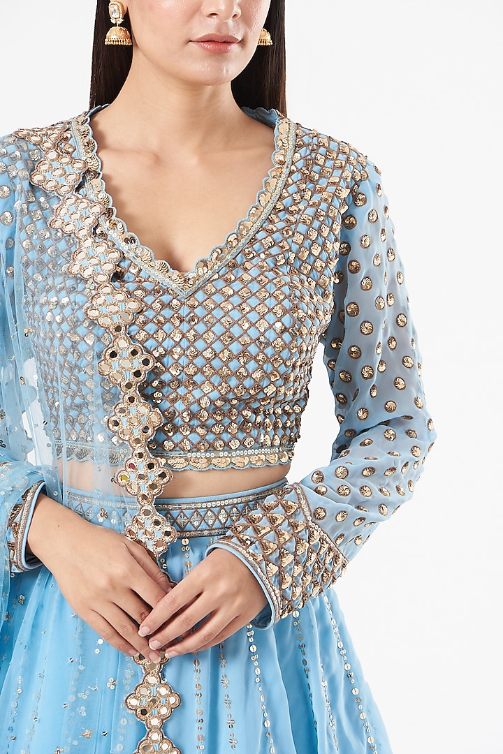 Ice Blue Georgette Tiered Wedding Lehenga Set by Vvani By Vani Vats at Pernia's Pop Up Shop
