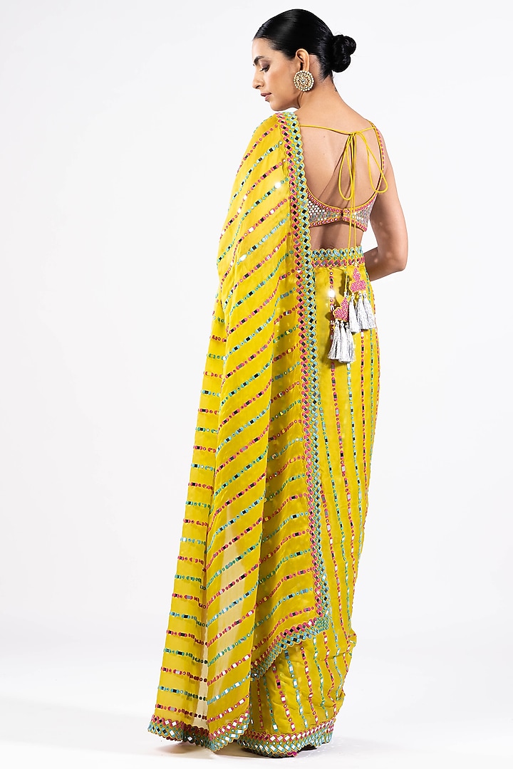 Moss Green Satin Organza Embellished Pre-Draped Reception Saree Set by Vvani by Vani Vats at Pernia's Pop Up Shop