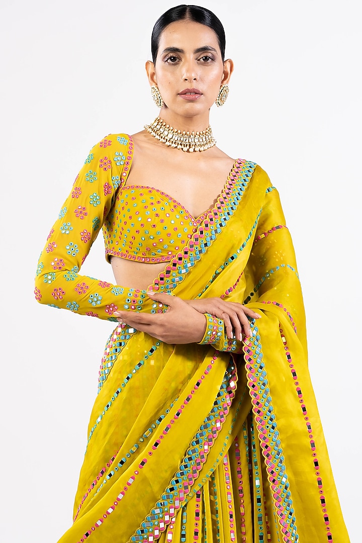 Mustard Georgette Mirror Embellished Bridal Lehenga Set by Vvani by Vani Vats at Pernia's Pop Up Shop