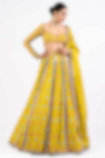 Mustard Georgette Mirror Embellished Bridal Lehenga Set by Vvani by Vani Vats at Pernia's Pop Up Shop
