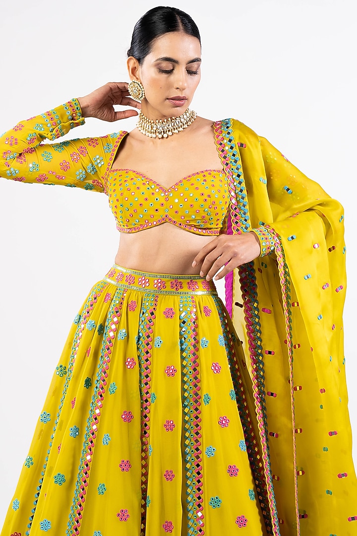 Mustard Georgette Mirror Embellished Bridal Lehenga Set by Vvani by Vani Vats at Pernia's Pop Up Shop