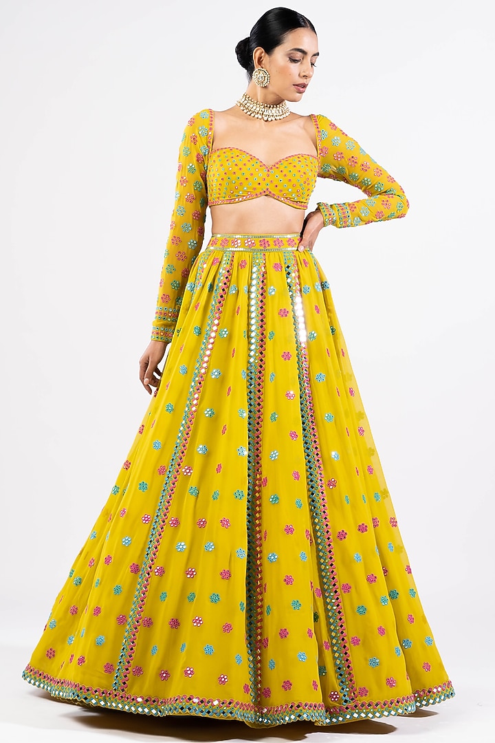 Mustard Georgette Mirror Embellished Bridal Lehenga Set by Vvani by Vani Vats at Pernia's Pop Up Shop