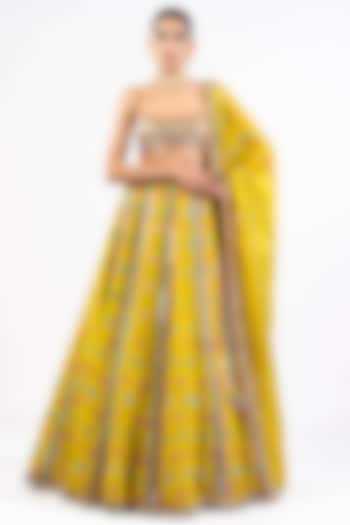 Mustard Georgette Mirror Embellished Bridal Lehenga Set by Vvani by Vani Vats at Pernia's Pop Up Shop