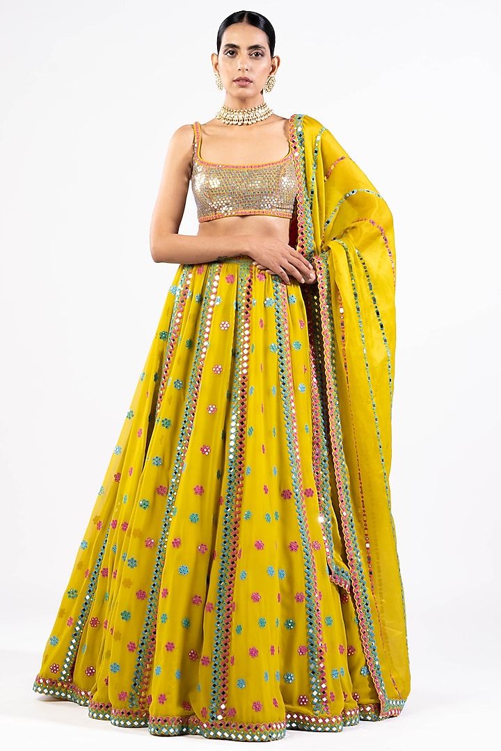 Mustard Georgette Mirror Embellished Bridal Lehenga Set by Vvani by Vani Vats at Pernia's Pop Up Shop