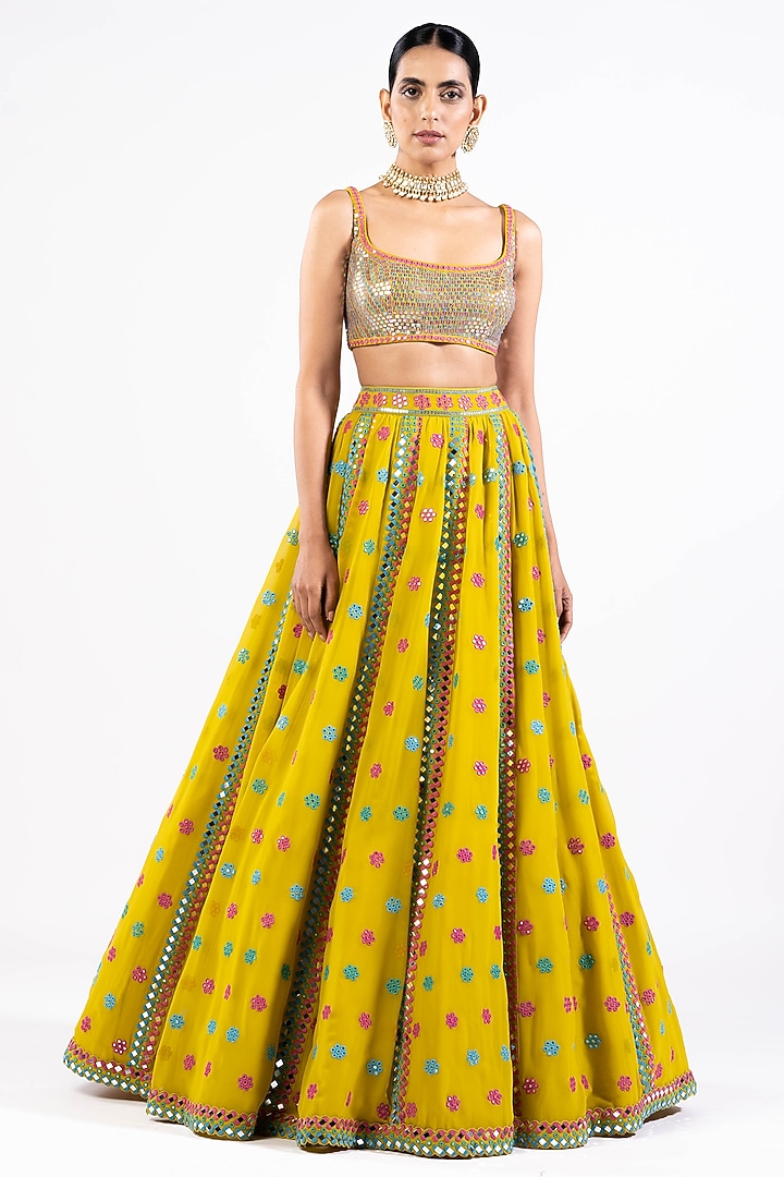 Mustard Georgette Mirror Embellished Bridal Lehenga Set by Vvani by Vani Vats at Pernia's Pop Up Shop