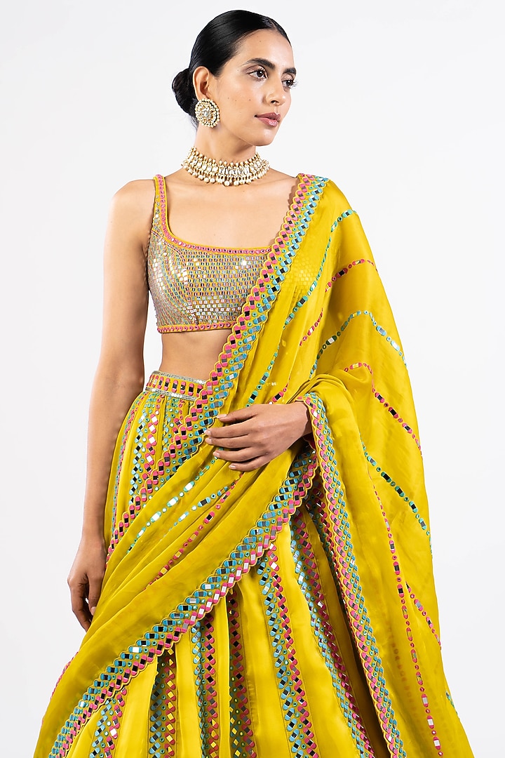 Mustard Satin Organza Mirror Embellished Bridal Lehenga Set by Vvani by Vani Vats at Pernia's Pop Up Shop