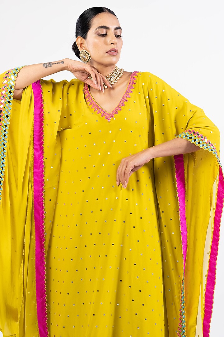 Moss Green Georgette Embroidered Kaftan Set by Vvani by Vani Vats at Pernia's Pop Up Shop