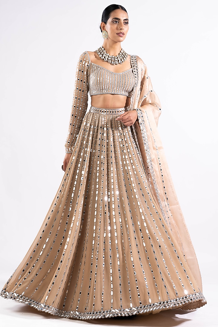 Beige Georgette Mirror Embellished Bridal Lehenga Set by Vvani by Vani Vats at Pernia's Pop Up Shop