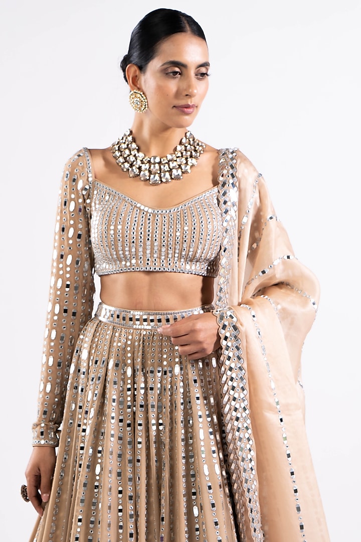 Beige Georgette Mirror Embellished Bridal Lehenga Set by Vvani by Vani Vats at Pernia's Pop Up Shop