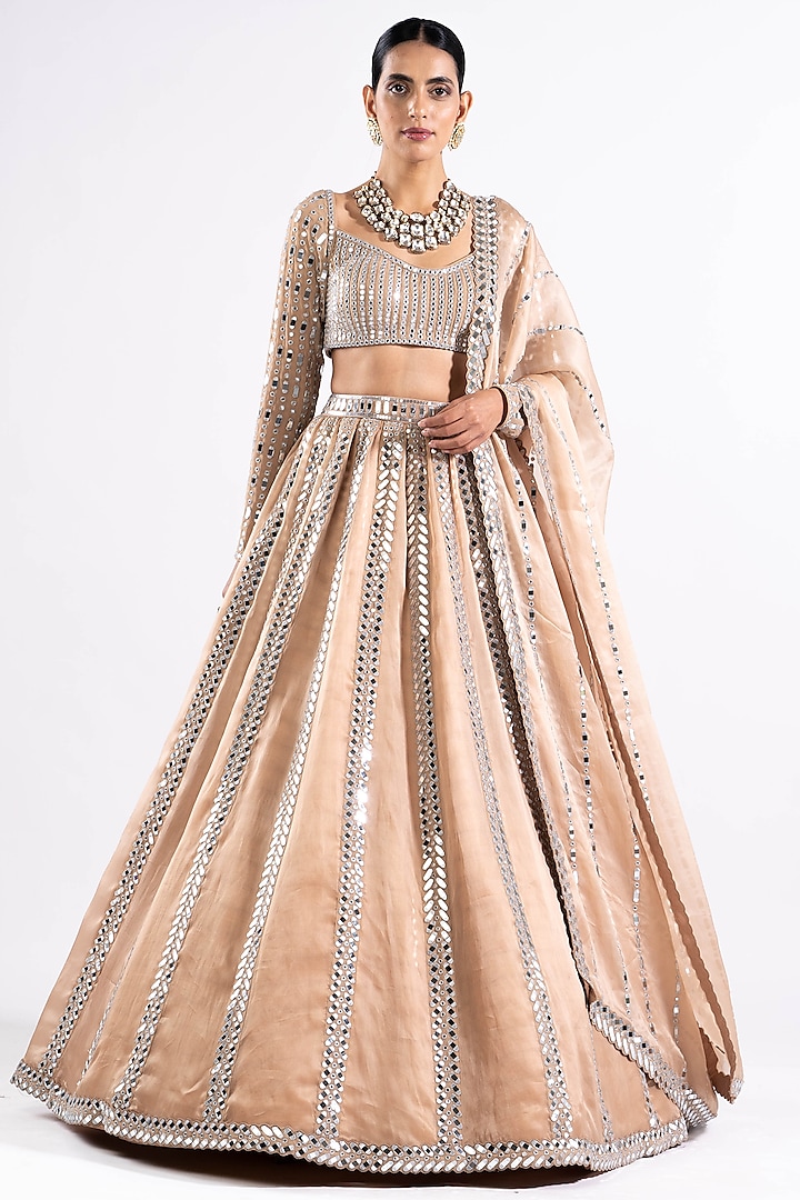 Beige Georgette Mirror Embellished Bridal Lehenga Set by Vvani by Vani Vats at Pernia's Pop Up Shop