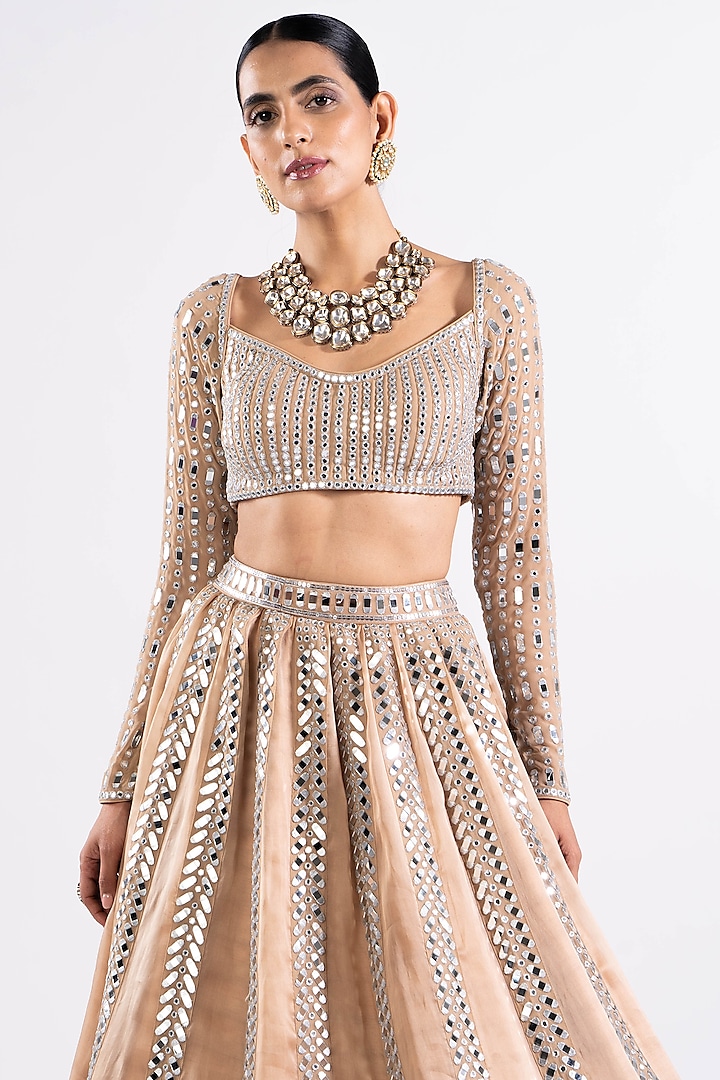 Beige Georgette Mirror Embellished Bridal Lehenga Set by Vvani by Vani Vats at Pernia's Pop Up Shop