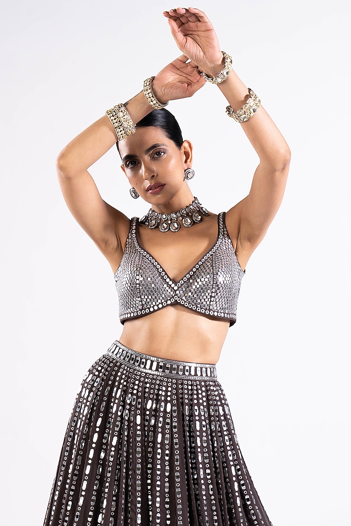 Charcoal Grey Georgette Mirror Embellished Bridal Lehenga Set by Vvani by Vani Vats at Pernia's Pop Up Shop
