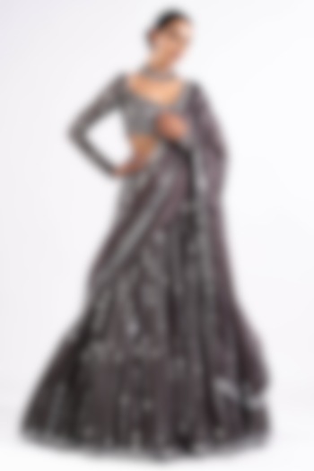 Charcoal Grey Georgette Mirror Embellished Bridal Lehenga Set by Vvani by Vani Vats at Pernia's Pop Up Shop