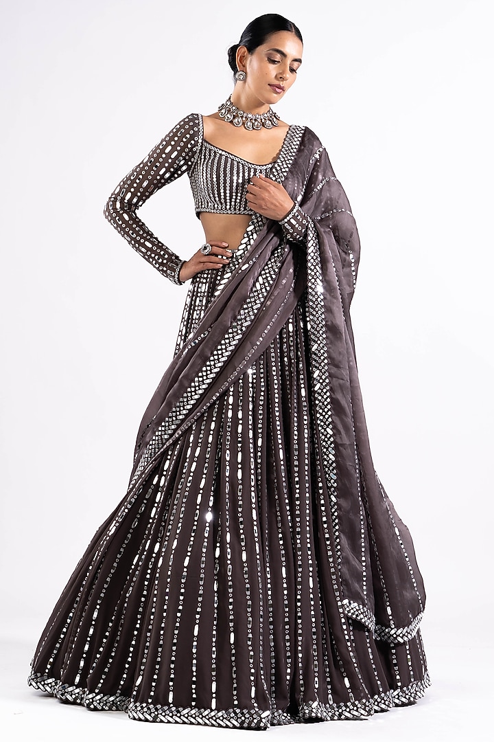 Charcoal Grey Georgette Mirror Embellished Bridal Lehenga Set by Vvani by Vani Vats at Pernia's Pop Up Shop