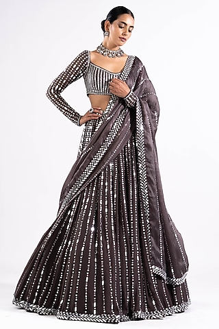 Charcoal Grey Georgette Mirror Embellished Lehenga Set by Vvani by Vani Vats