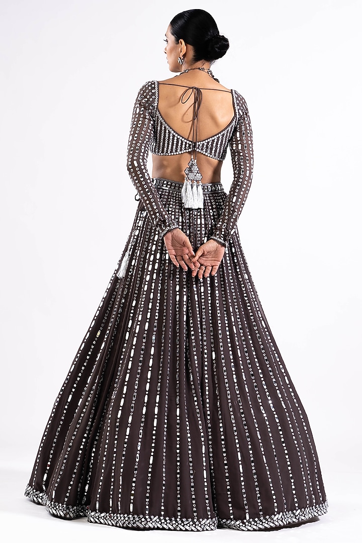 Charcoal Grey Georgette Mirror Embellished Bridal Lehenga Set by Vvani by Vani Vats at Pernia's Pop Up Shop