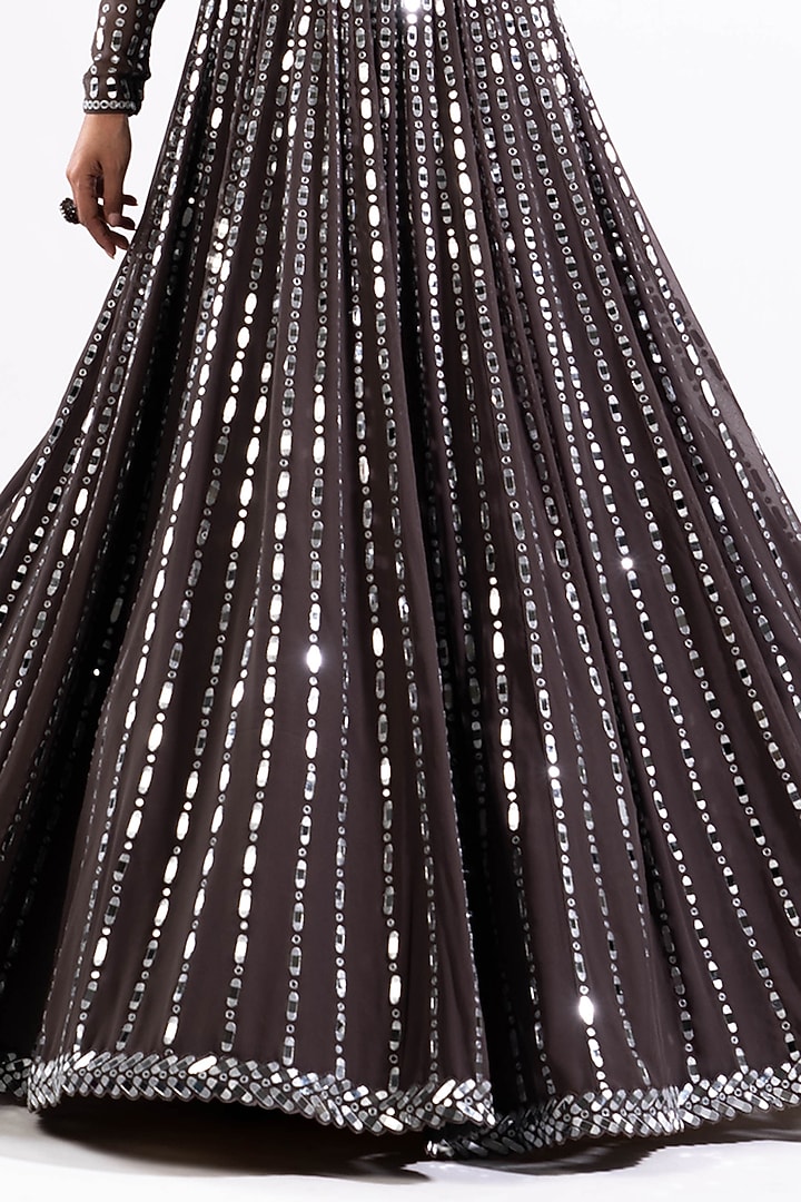 Charcoal Grey Georgette Mirror Embellished Bridal Lehenga Set by Vvani by Vani Vats at Pernia's Pop Up Shop