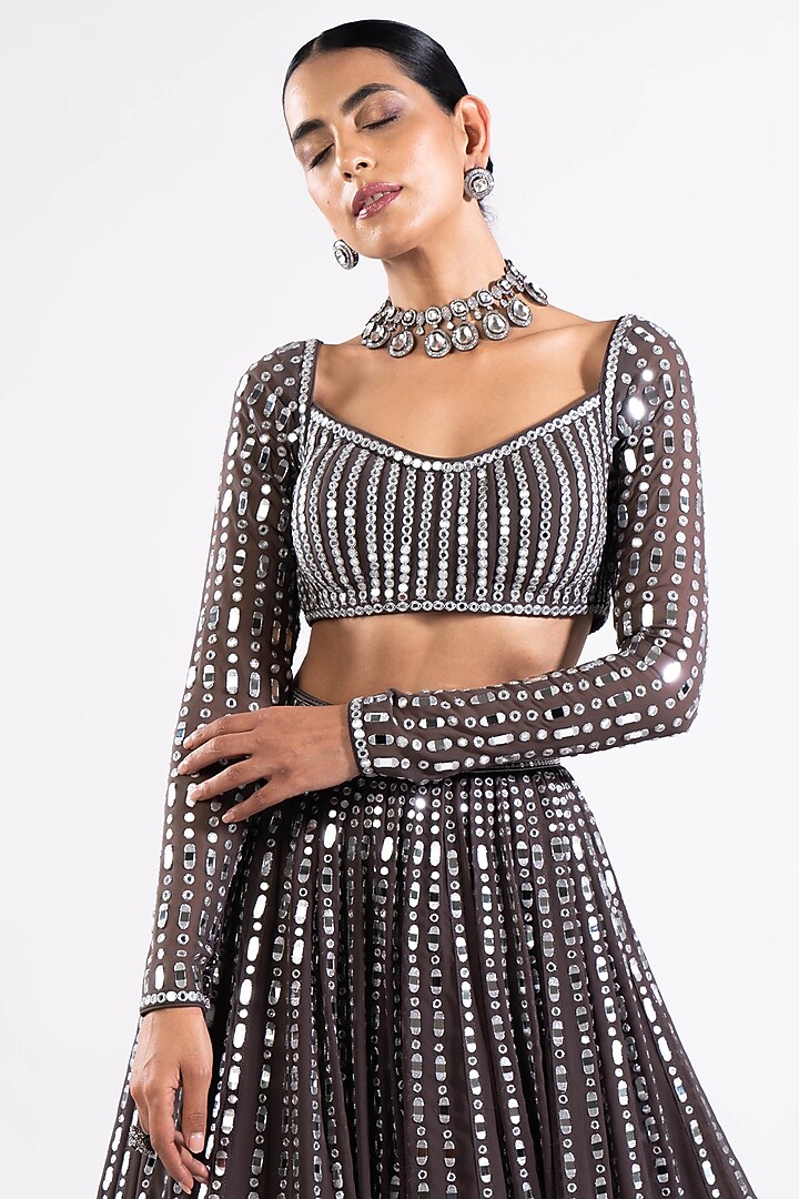 Charcoal Grey Georgette Mirror Embellished Bridal Lehenga Set by Vvani by Vani Vats at Pernia's Pop Up Shop