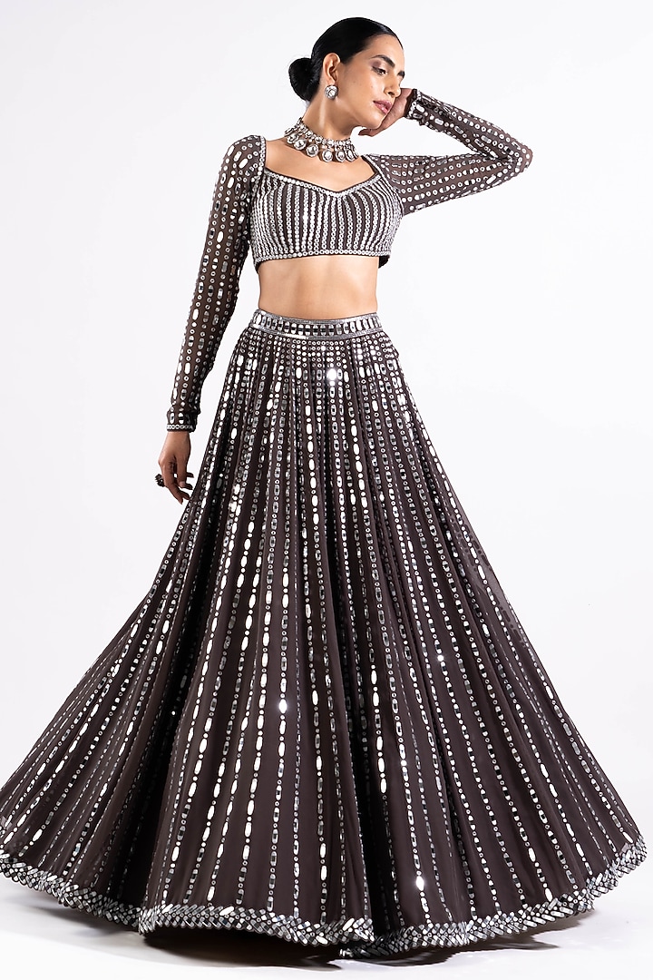 Charcoal Grey Georgette Mirror Embellished Bridal Lehenga Set by Vvani by Vani Vats at Pernia's Pop Up Shop
