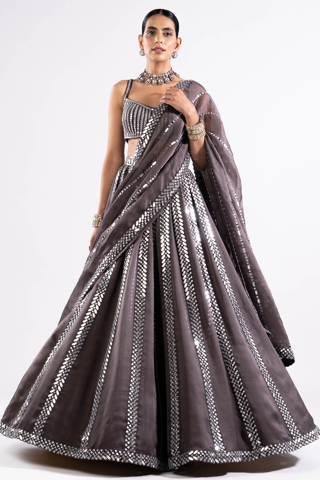 Vvani by Vani Vats Charcoal Grey Satin Organza Mirror Embellished Lehenga Set