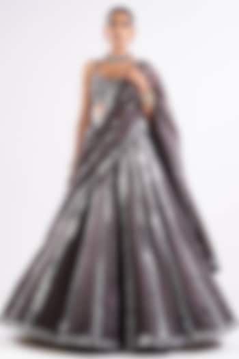Charcoal Grey Satin Organza Mirror Embellished Bridal Lehenga Set by Vvani by Vani Vats at Pernia's Pop Up Shop