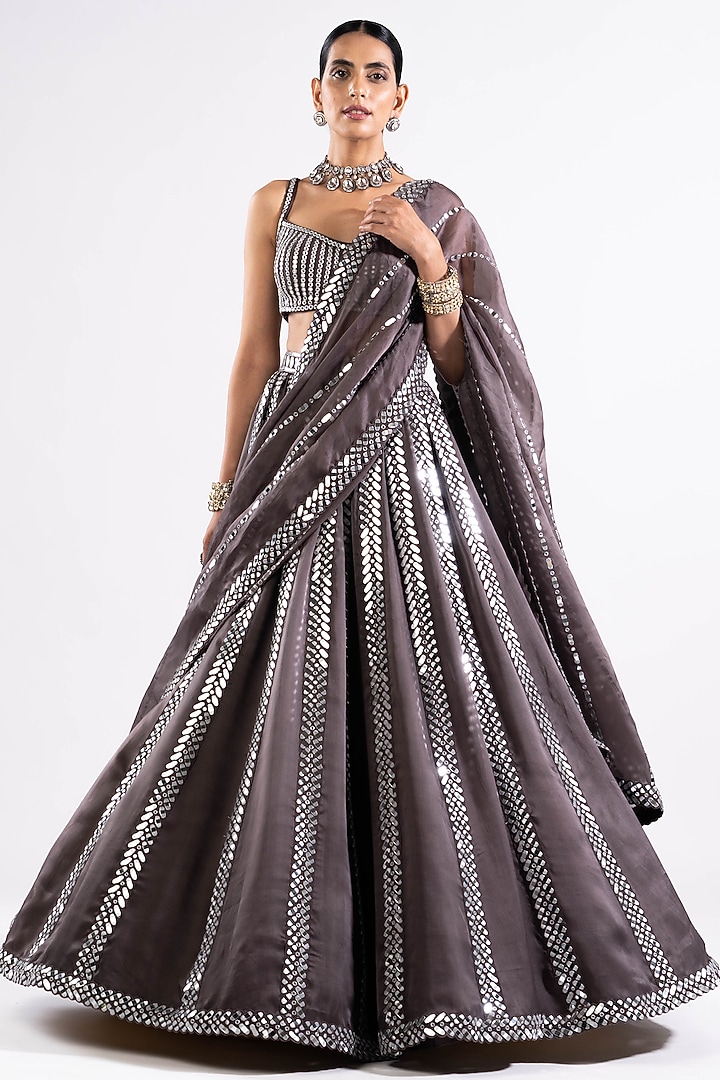 Charcoal Grey Satin Organza Mirror Embellished Bridal Lehenga Set by Vvani by Vani Vats at Pernia's Pop Up Shop