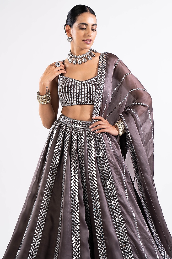 Charcoal Grey Satin Organza Mirror Embellished Bridal Lehenga Set by Vvani by Vani Vats at Pernia's Pop Up Shop
