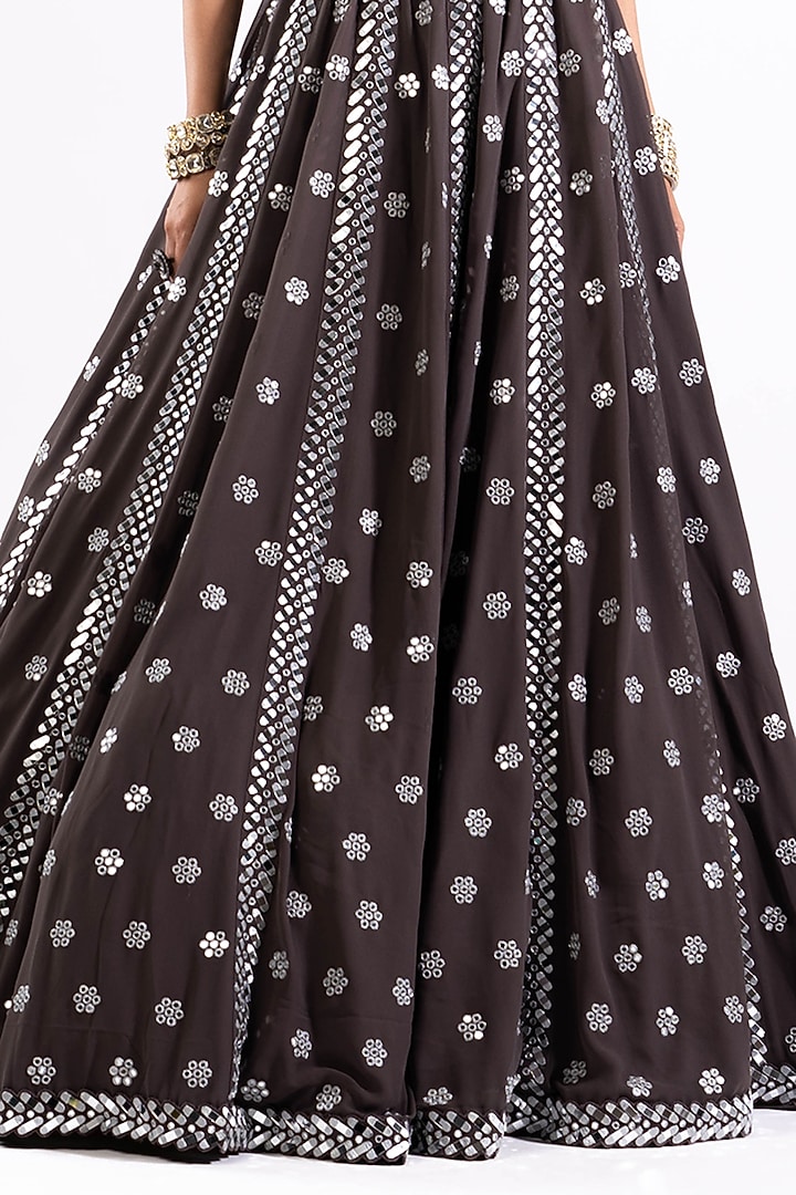 Charcoal Grey Georgette Mirror Embellished Bridal Lehenga Set by Vvani by Vani Vats at Pernia's Pop Up Shop