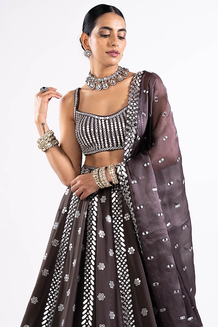Charcoal Grey Georgette Mirror Embellished Bridal Lehenga Set by Vvani by Vani Vats at Pernia's Pop Up Shop