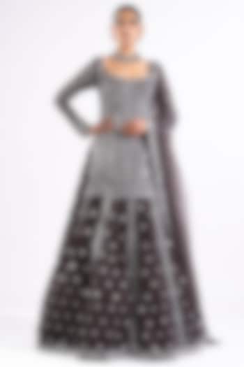 Charcoal Grey Georgette Mirror Embellished Bridal Lehenga Set by Vvani by Vani Vats at Pernia's Pop Up Shop