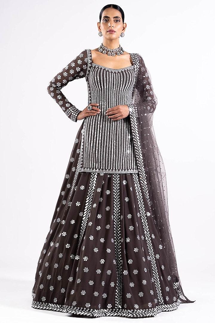 Charcoal Grey Georgette Mirror Embellished Bridal Lehenga Set by Vvani by Vani Vats at Pernia's Pop Up Shop