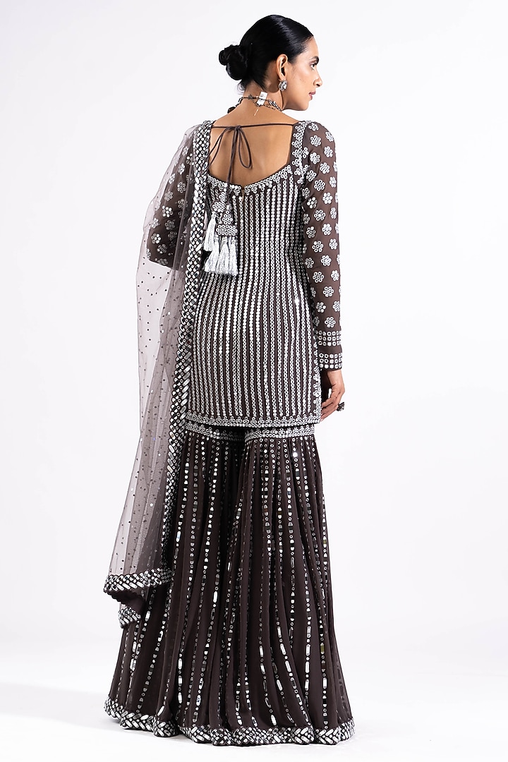 Charcoal Grey Georgette Mirror Embellished Bridal Sharara Set by Vvani by Vani Vats at Pernia's Pop Up Shop