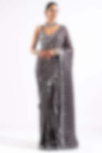 Charcoal Grey Georgette Mirror Embellished Pre-Draped Saree Set by Vvani by Vani Vats